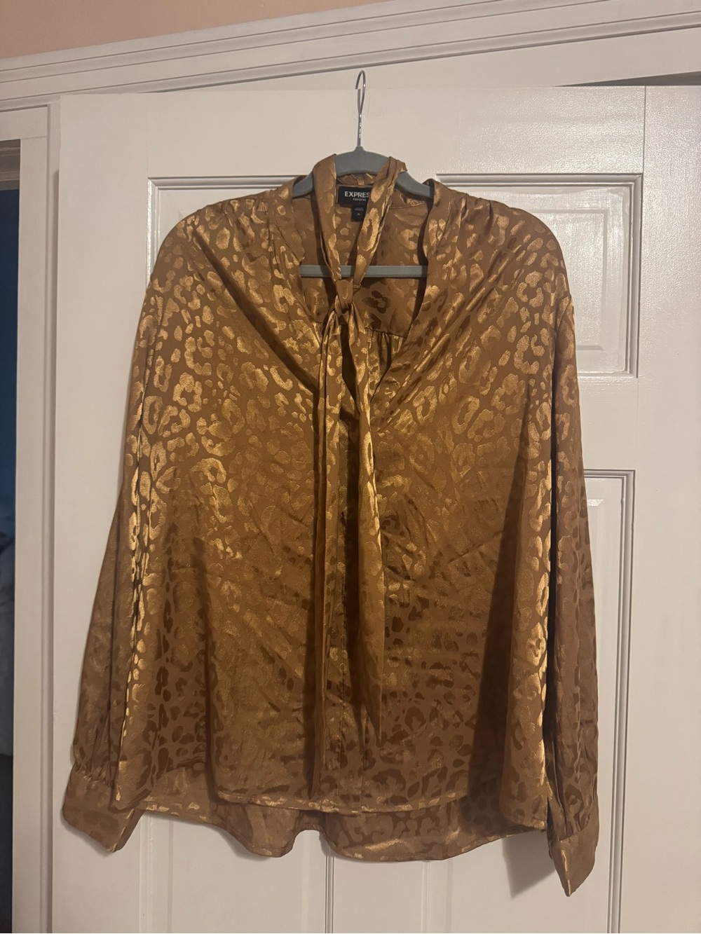 Express Metallic Gold Animal Jacquard Tie-Neck Blouse
